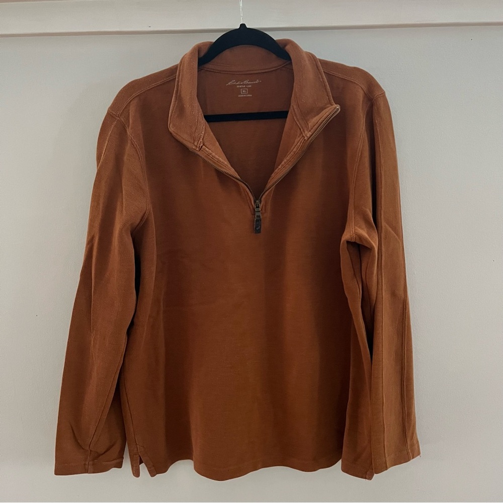 Eddie Bauer Sweater Men Large Orange 1/4 Zip Knit Hiking Cotton Outdoors XL